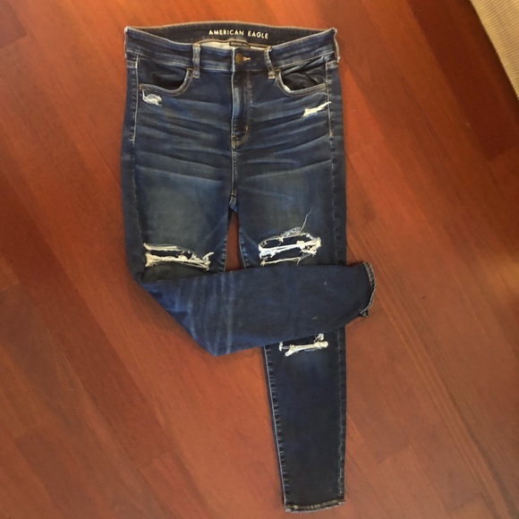 AMERICAN EAGLE Hi Rise Jeggings Dark Deconstructed 10 Short Next Level Stretch - Picture 3 of 8
